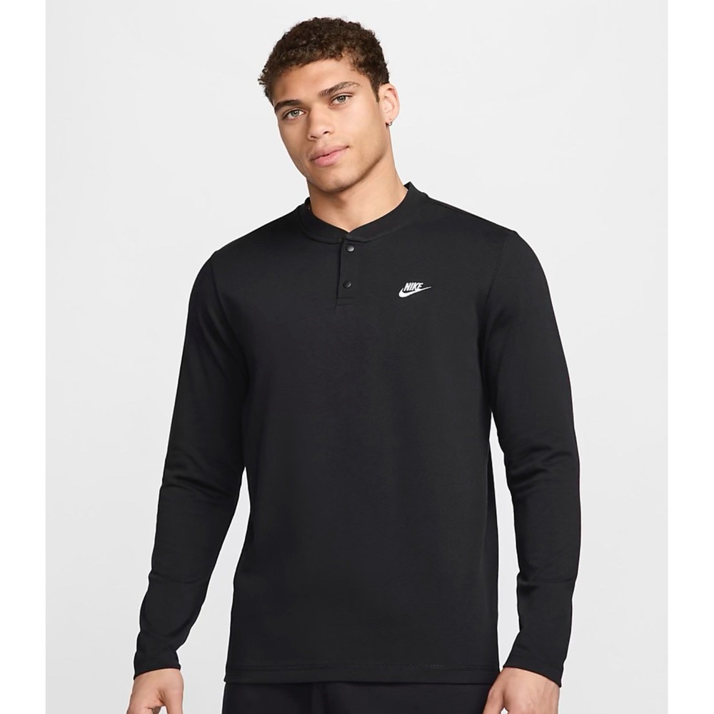 Nike Men's Medium Club Fleece Black Long Sleeve Henley Shirt FZ6630-010 NWT